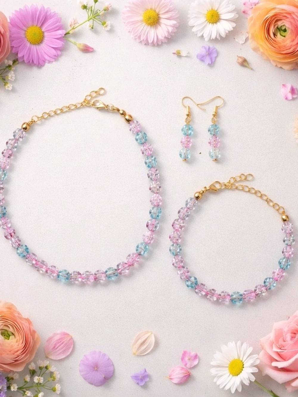 Pastel Pink & Blue Beaded Gold-Tone Necklace, Bracelete  Earrings Set.